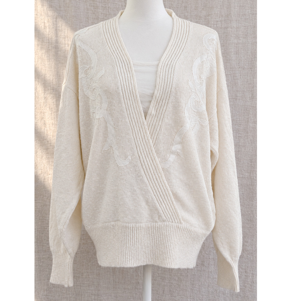 Vintage Jacques Vert Ivory Wrap Sweater | Women's L | 80s Appliqué Knit Pullover